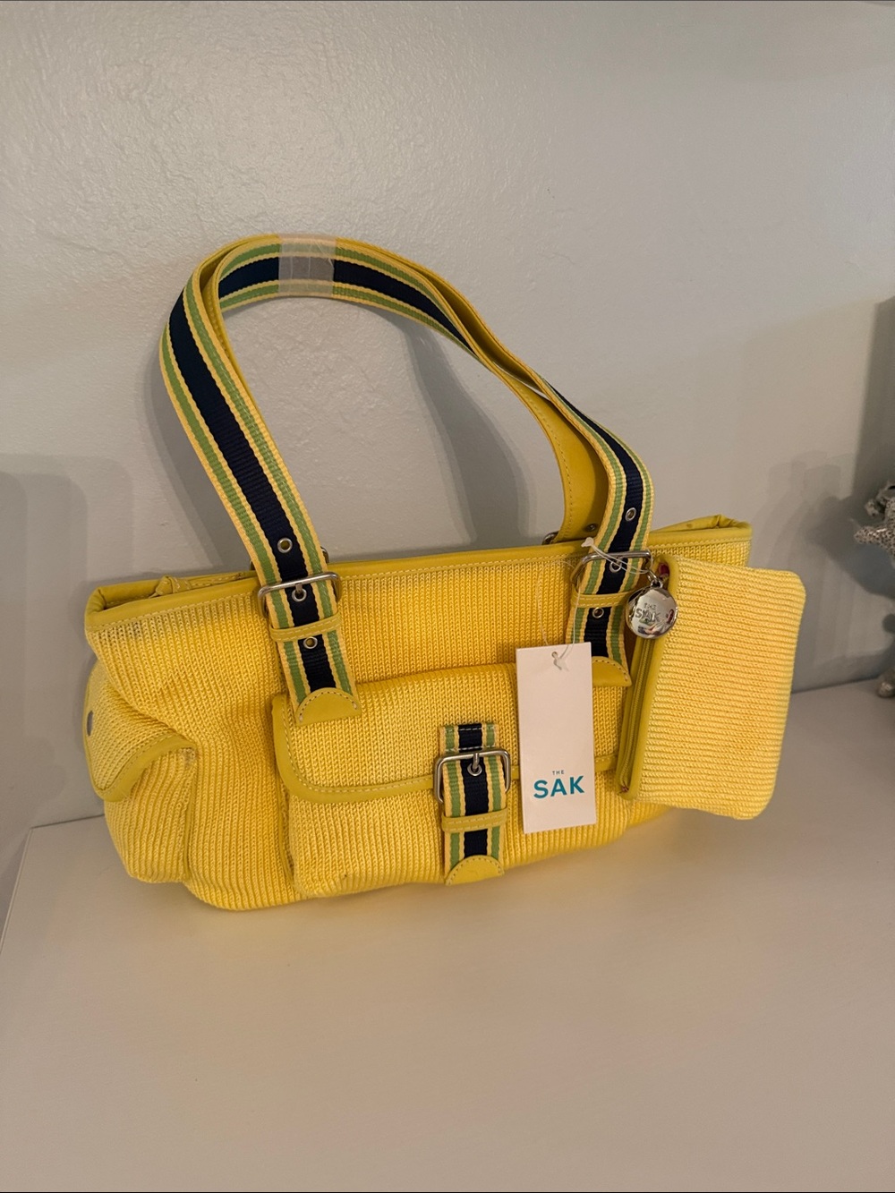 The Sak Belinda Y2K Vintage Yellow Woven Shoulder Bag with Navy Straps Purse